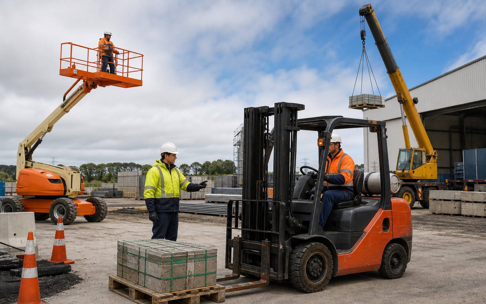 Crane, forklift, and access equipment training in a practical workplace environment